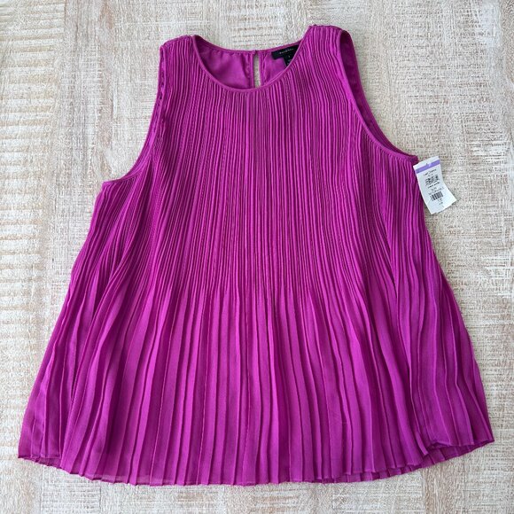 Halogen Magenta/Pink pleated chiffon sleeveless round neck Blouse/Top Large NWT - Picture 1 of 9